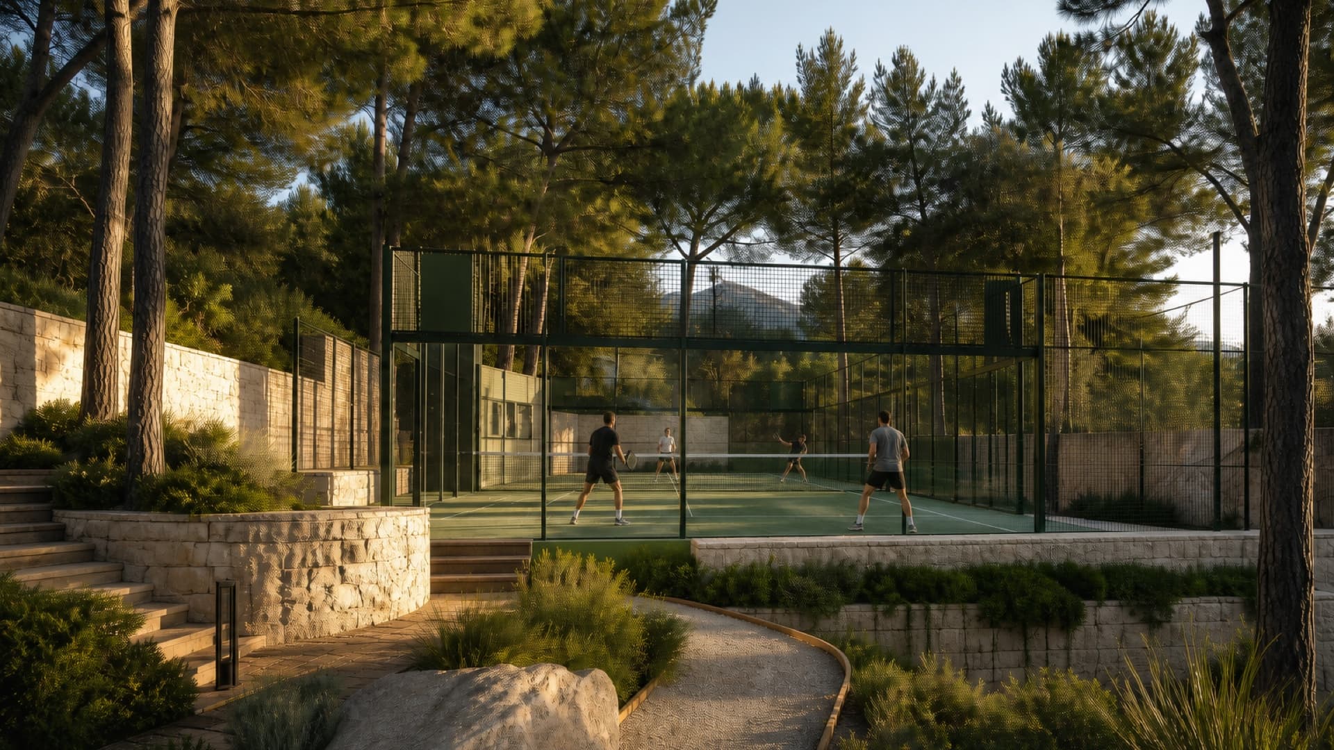 Çam ormanı içindeki Ada Country padel kortu